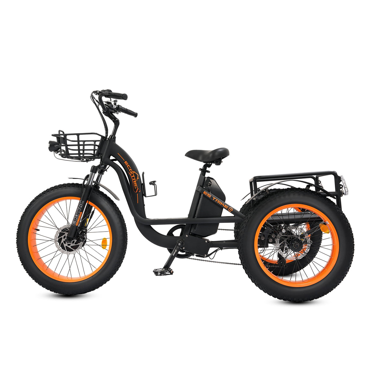 Ecotric 48V 24"x4.0 Front 20"x4.0 Rear Tires Tricycle electric bike with Front Basket + Rear Rack-senior